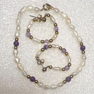 Baroque Freshwater Pearl Bracelet & Drop Earrings Set Amethyst 14K Gold Beads